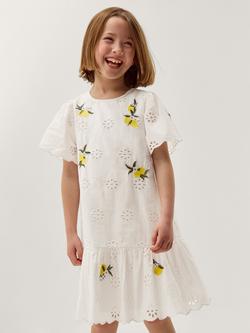 Monsoon Kids' Amalfi Flutter Sleeve Lemon Embroidery Dress, White, White