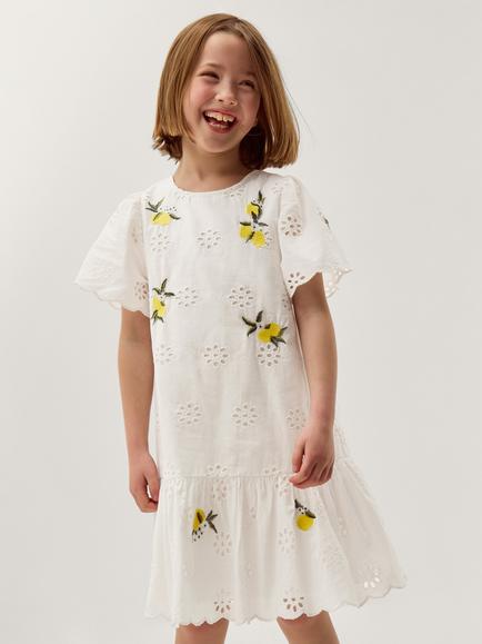 Monsoon Kids' Amalfi Flutter Sleeve Lemon Embroidery Dress, White, White