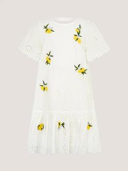 Monsoon Kids' Amalfi Flutter Sleeve Lemon Embroidery Dress, White - view 2, White