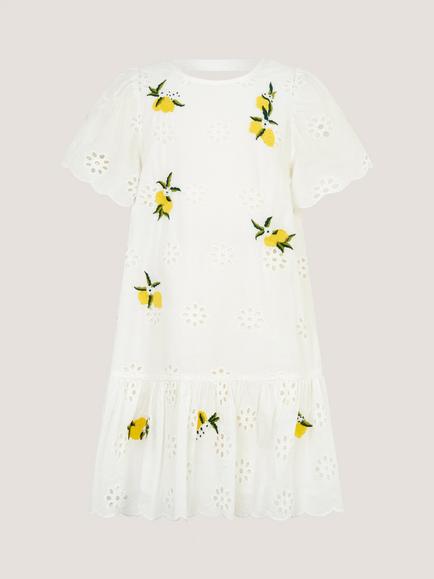 Monsoon Kids' Amalfi Flutter Sleeve Lemon Embroidery Dress, White - view 2, White