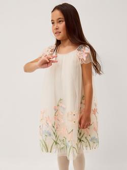 Monsoon Kids' Floral Embroidered Mesh Dress, Warm Ivory, Warm Ivory