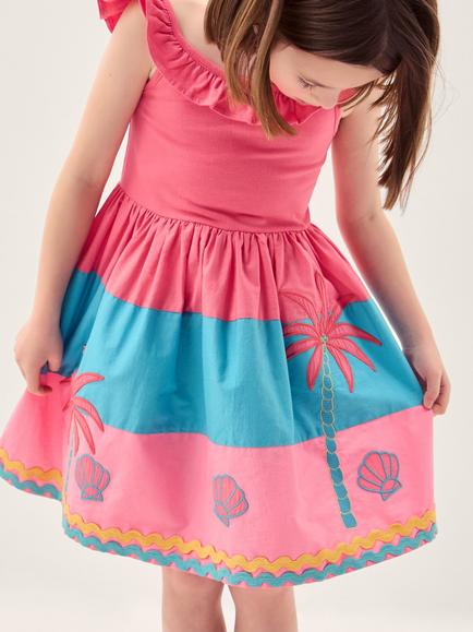 Monsoon Kids' Shell Embroidered Colourblock Dress, Pink - view 2, Pink