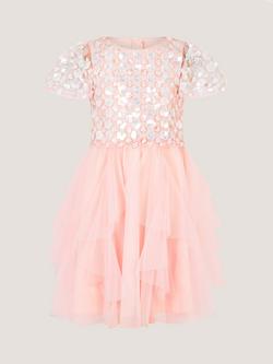 Monsoon Kids' Inaya Floral Sequin Tulle Ruffle Dress, Pink, Pink