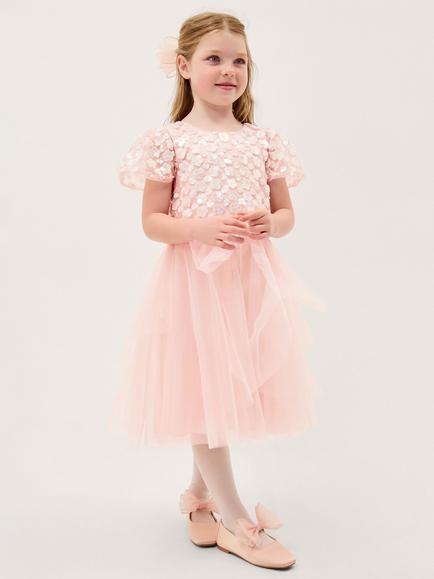 Monsoon Kids' Inaya Floral Sequin Tulle Ruffle Dress, Pink, Pink