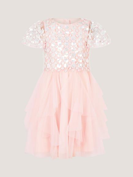 Monsoon Kids' Inaya Floral Sequin Tulle Ruffle Dress, Pink - view 2, Pink