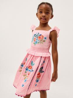 Monsoon Kids' Embroidered Fruit Frill Scallop Edge Dress, Pink, Pink