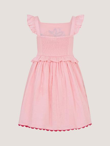 Monsoon Kids' Embroidered Fruit Frill Scallop Edge Dress, Pink - view 2, Pink