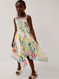 Monsoon Kids' Amalfi Lemon Print Hanky Hem Dress, White/Multi, White/Multi
