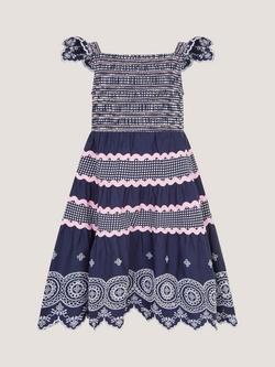 Monsoon Kids' Broderie Smocked Jersey Dress, Navy, Navy