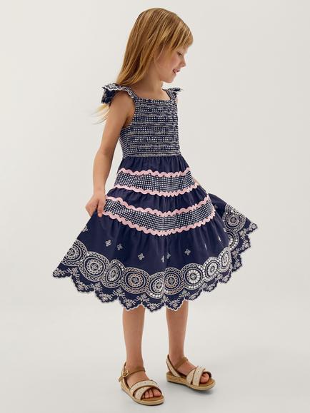 Monsoon Kids' Broderie Smocked Jersey Dress, Navy, Navy