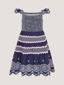 Monsoon Kids' Broderie Smocked Jersey Dress, Navy - view 2, Navy