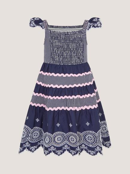 Monsoon Kids' Broderie Smocked Jersey Dress, Navy - view 2, Navy