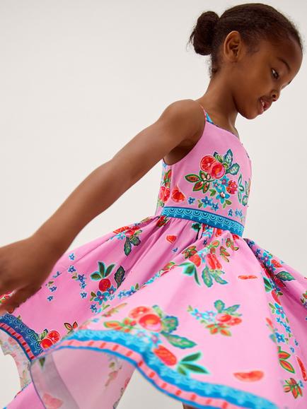 Monsoon Kids' Oriana Fruity Hanky Hem Dress, Pink - view 2, Pink