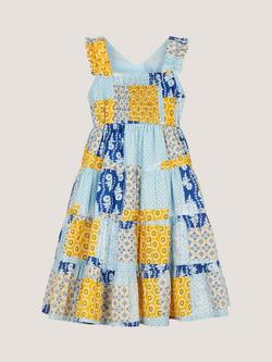 Monsoon Kids' Pia Patchwork Print Dress, Blue/Multi - view 2, Blue/Multi