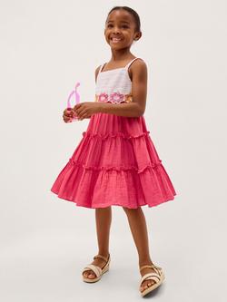 Monsoon Kids' Crochet Flower Tiered Dress, Pink, Pink