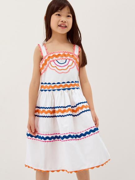 Monsoon Kids' Ric Rac Trim Dress, White/Multi, White/Multi