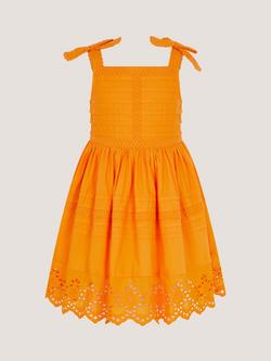 Monsoon Kids' Broderie Pleated Dress, Orange, Orange