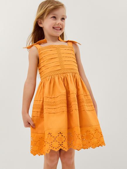 Monsoon Kids' Broderie Pleated Dress, Orange, Orange