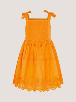 Monsoon Kids' Broderie Pleated Dress, Orange - view 2, Orange