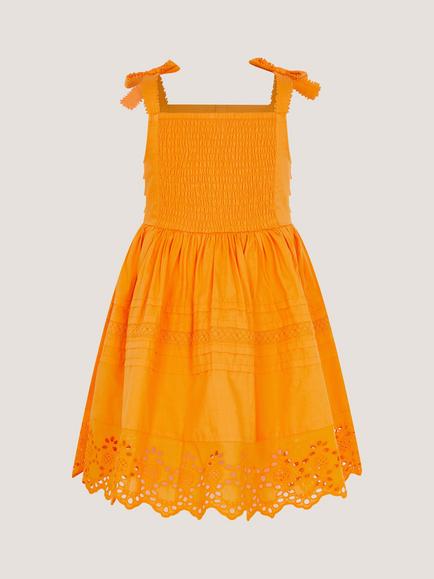 Monsoon Kids' Broderie Pleated Dress, Orange - view 2, Orange