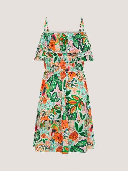 Monsoon Kids' Tropical Floral Frilly Dress, Multi - view 2, Multi
