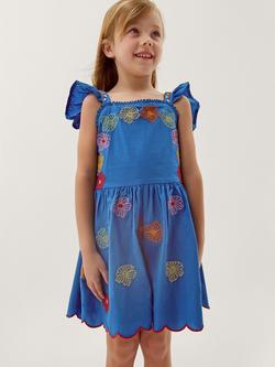 Monsoon Kids' Floral Embroidered Scallop Trim Playsuit, Blue, Blue