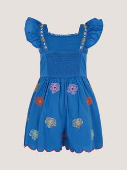 Monsoon Kids' Floral Embroidered Scallop Trim Playsuit, Blue - view 2, Blue