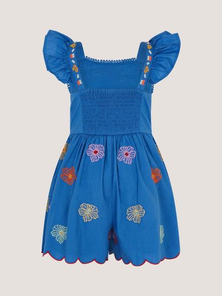 Monsoon Kids' Floral Embroidered Scallop Trim Playsuit, Blue - view 2, Blue