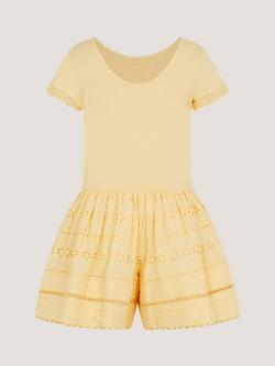 Monsoon Kids' Smocked Broderie Playsuit, Yellow, Yellow