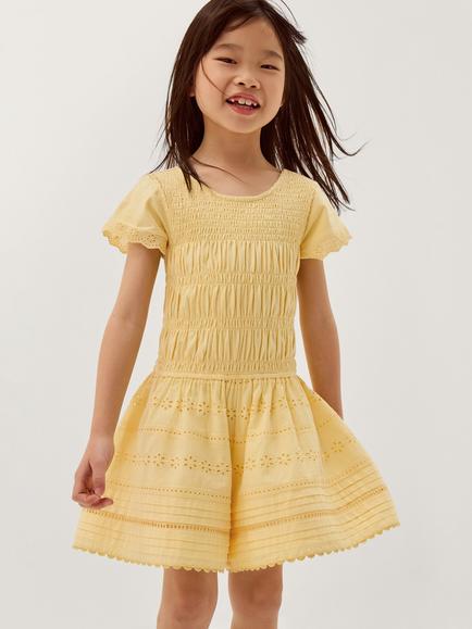 Monsoon Kids' Smocked Broderie Playsuit, Yellow, Yellow