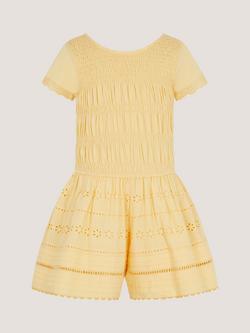 Monsoon Kids' Smocked Broderie Playsuit, Yellow - view 2, Yellow