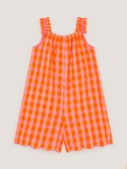 Monsoon Kids' Embroidered Gingham Playsuit, Orange - view 2, Orange