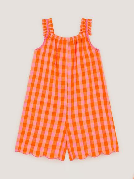 Monsoon Kids' Embroidered Gingham Playsuit, Orange - view 2, Orange