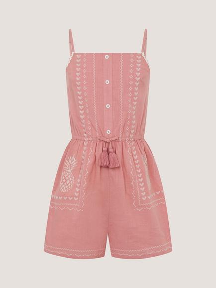 Monsoon Kids' Storm Pineapple Embroidered Playsuit, Pink, Pink