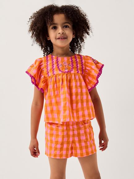 Monsoon Kids' Gingham Top and Shorts Set, Orange, Orange
