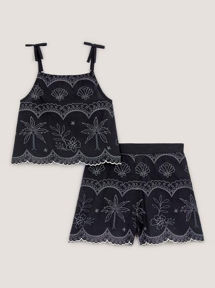 Monsoon Kids' Palm Embroidered Top and Shorts Set, Black, Black