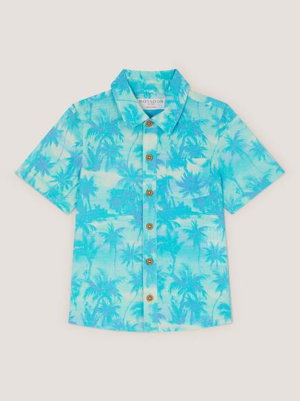 Monsoon Kids' Short Sleeve Palm Print Shirt, Blue, Blue