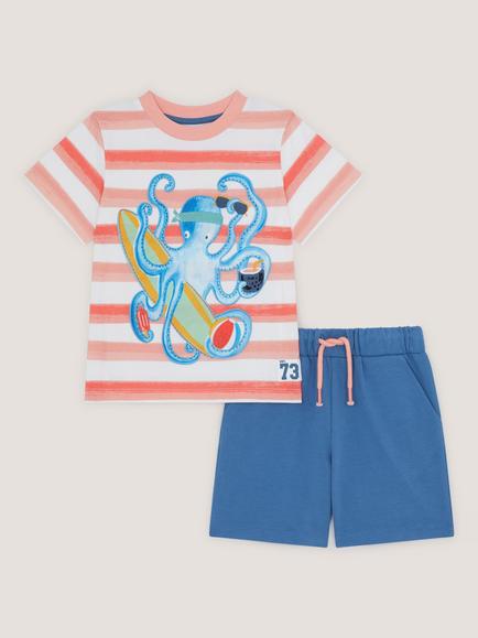 Monsoon Kids' Octopus T-Shirt and Drawstring Shorts Set, Orange/Multi, Orange/Multi