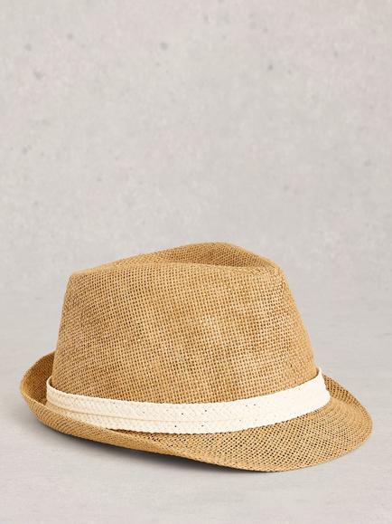 White Stuff Patterned Ribbon Paper Trilby Hat, Natural, Natural