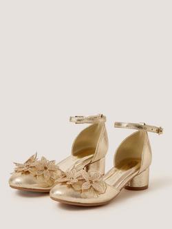 Monsoon Kids' Floral Applique Block Heel Shoes, Gold - view 2, Gold