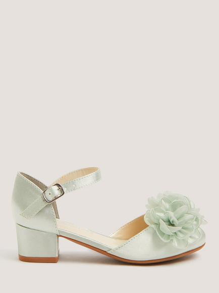 Monsoon Kids' Satin Corsage Block Heel Shoes, Sage, Sage
