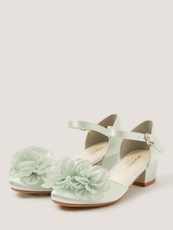 Monsoon Kids' Satin Corsage Block Heel Shoes, Sage - view 2, Sage