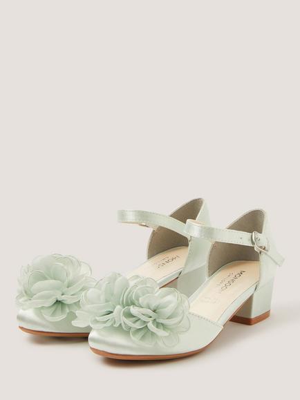 Monsoon Kids' Satin Corsage Block Heel Shoes, Sage - view 2, Sage