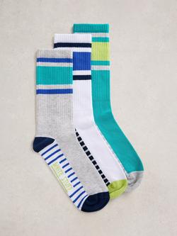White Stuff Striped Colour Block Cotton Rich Ankle Socks, Pack of 3, Blue/Multi, Blue/Multi