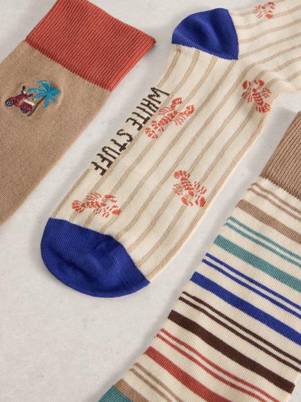 White Stuff Embroidered Cotton Rich Ankle Socks, Pack of 3, Natural/Multi - view 2, Natural/Multi