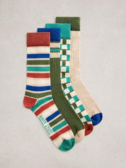 White Stuff Patterned & Ribbed Cotton Rich Ankle Socks, Pack of 4, Natural/Multi, Natural/Multi