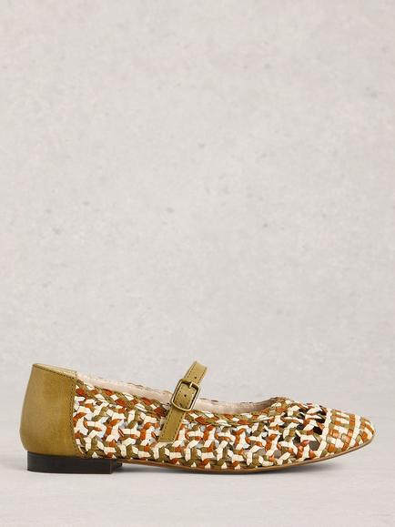 White Stuff Winnie Woven Leather Ballerina Pumps, Green/Multi, Green/Multi