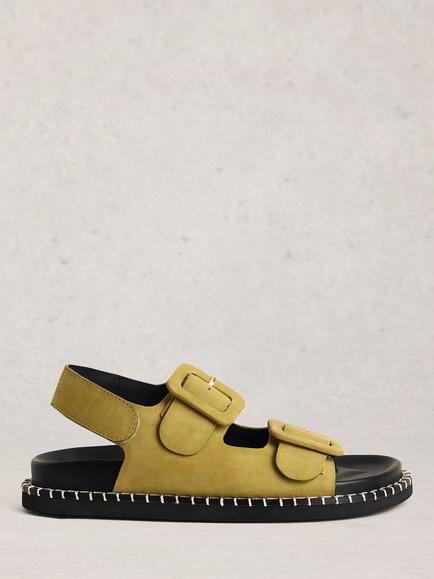 White Stuff Bailey Suede Footbed Sandals, Green Khaki, Green Khaki
