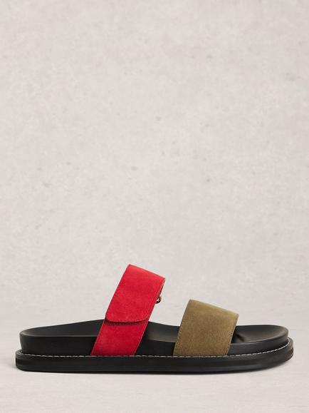 White Stuff Zoey Suede Footbed Mule Sandals, Red/Multi