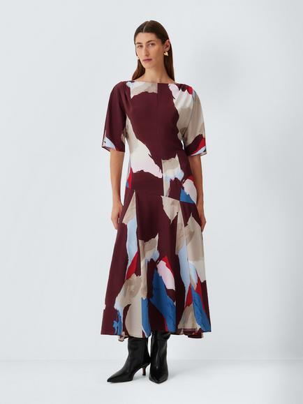 John Lewis Abstract Print Short Sleeve Godet Midi Dress, Berry, Berry